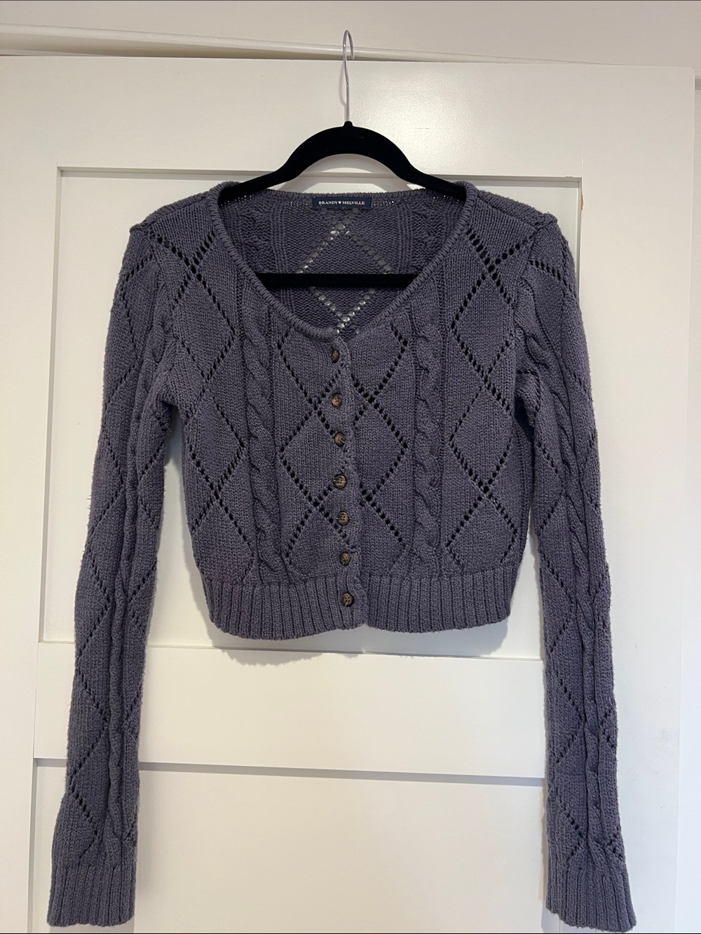 Brandy Melville Blue- Gray Diamond-Knit Cropped Cardigan